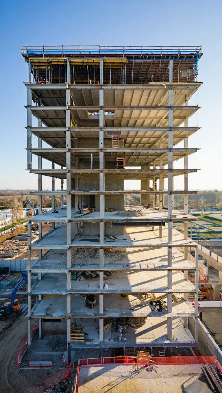 Mehrgeschossiges Gebäude im Rückbau, Geschossdecken und Stützen liegen frei
