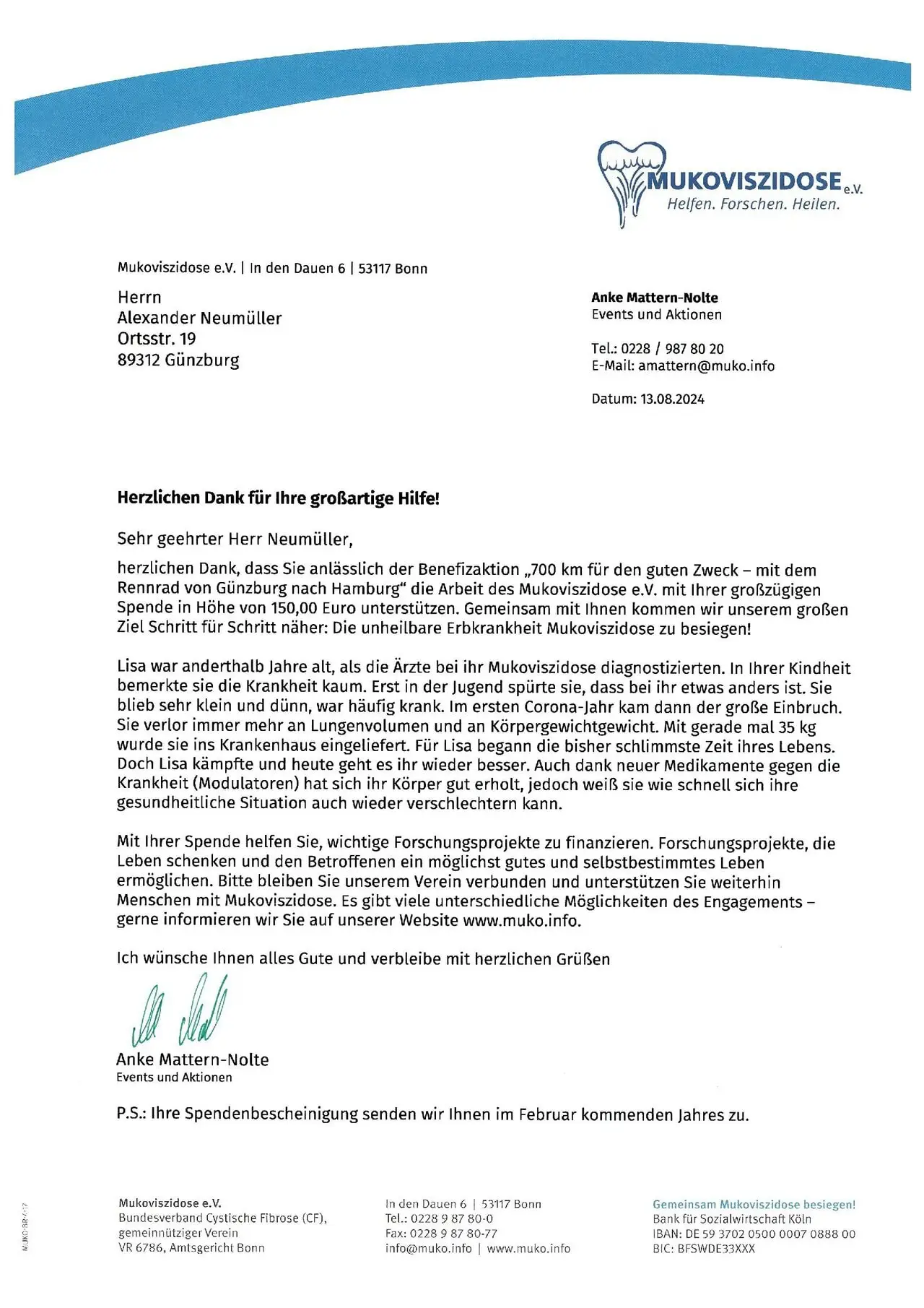 Spendenaktion zugunsten des Mukoviszidose e.V.