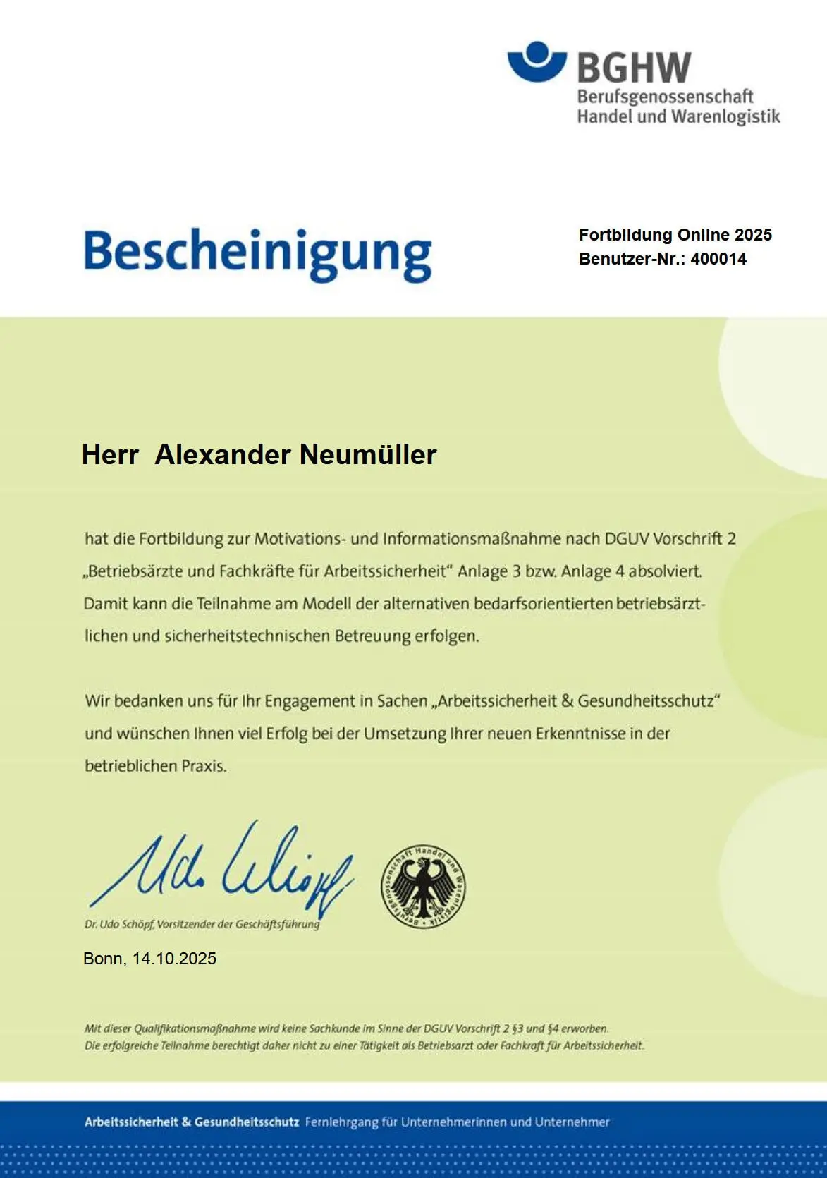 Zertifikat einer Fachfortbildung der Neumüller GmbH