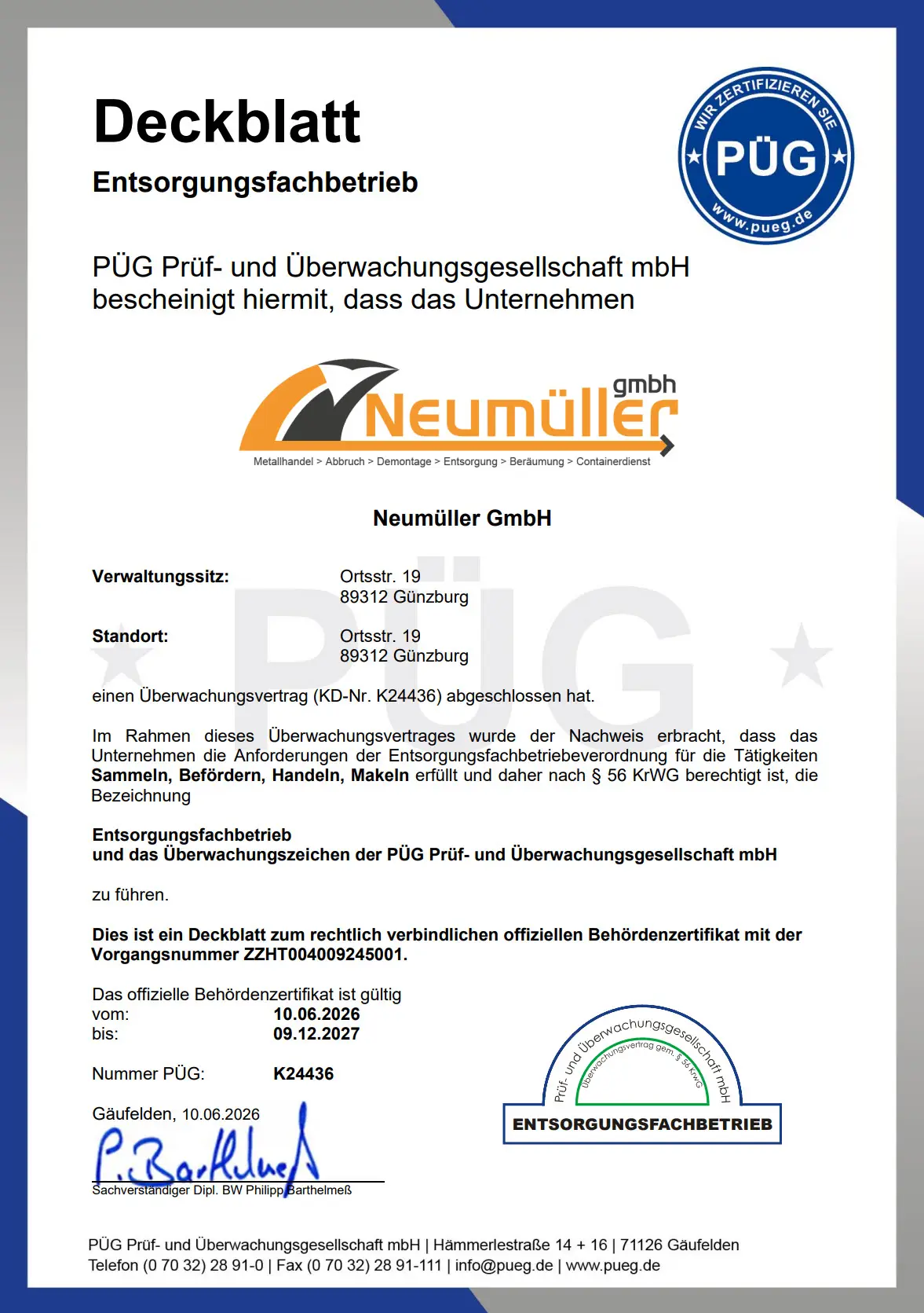 Zertifizierung der Neumüller GmbH